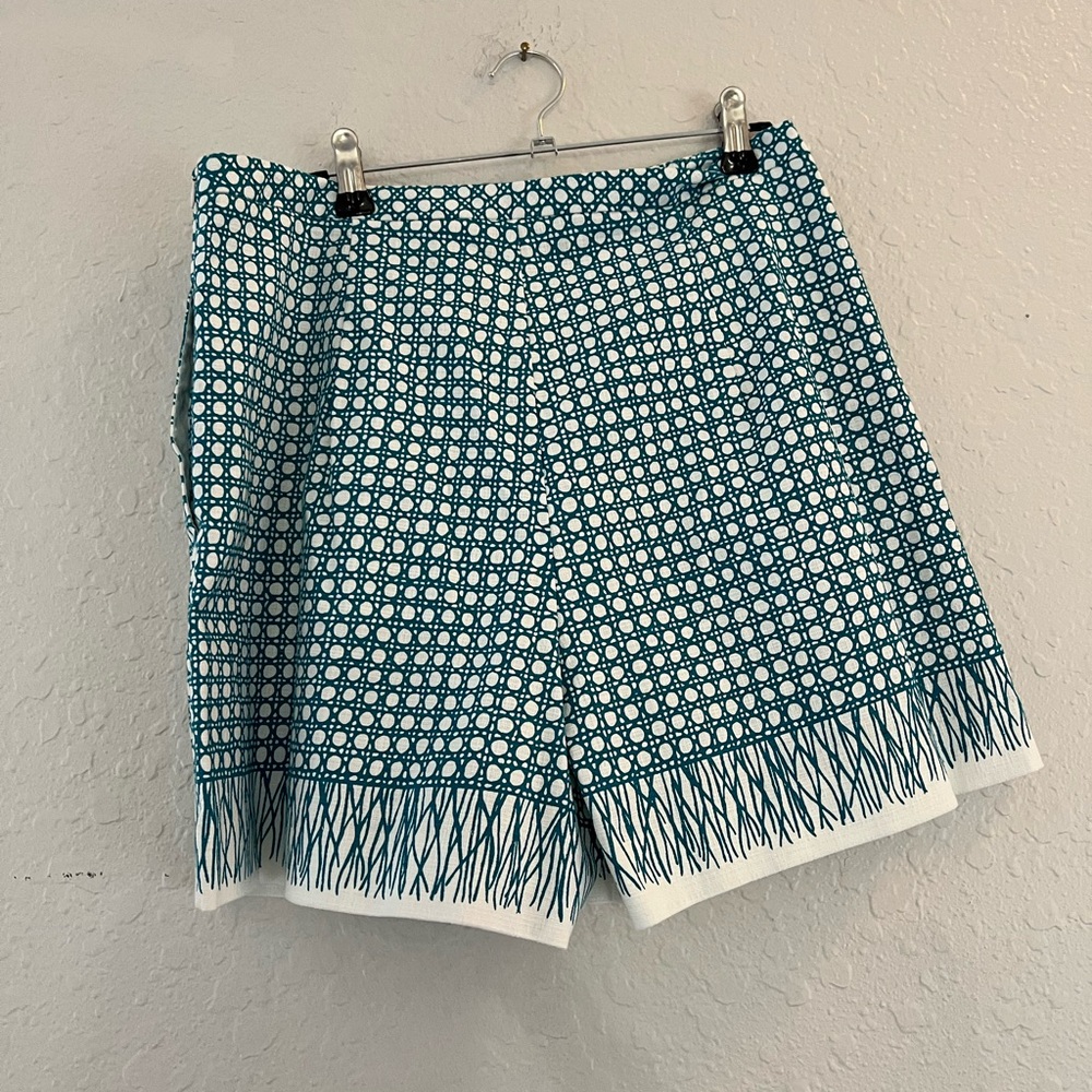 Trina Turk Teal and White Geometric Fringe-Hem Bermuda Shorts - Picture 2 of 3